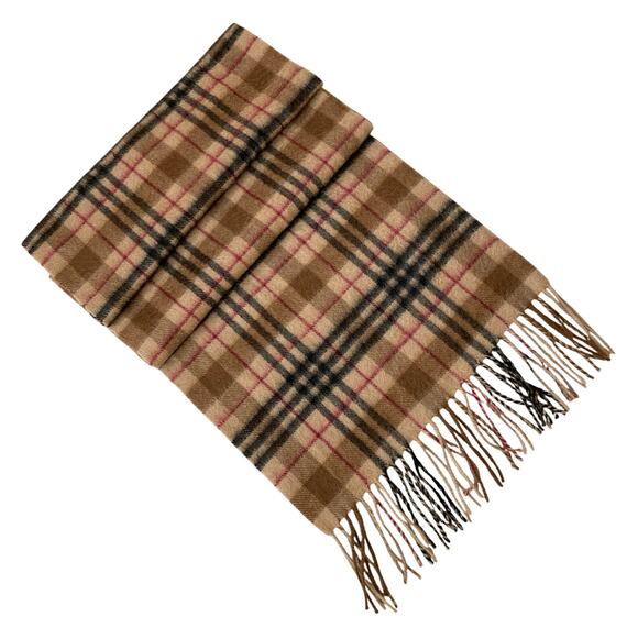 Amicale Pure Cashmere Scarf Tan Red Black Plaid Unisex 62 x11.5 Rectangle - Picture 1 of 4